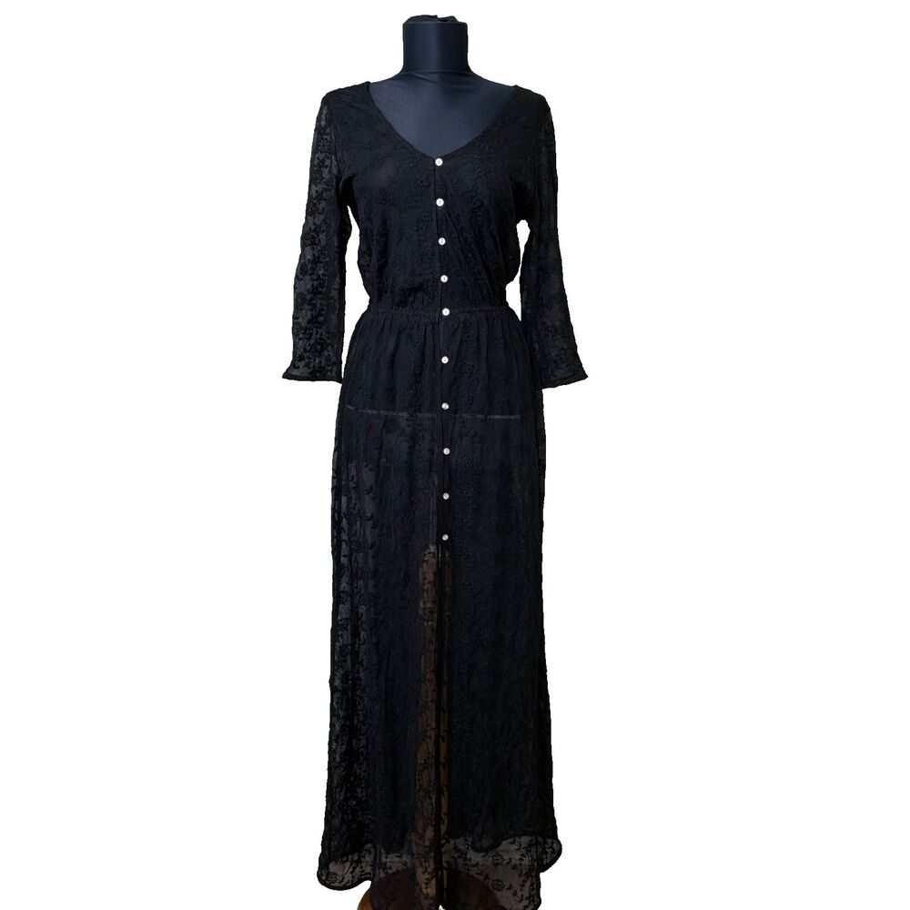 Whimsygoth Goth Y2K Vamp Witchy Grunge Lace Sheer Maxi Dress Black, Size Small